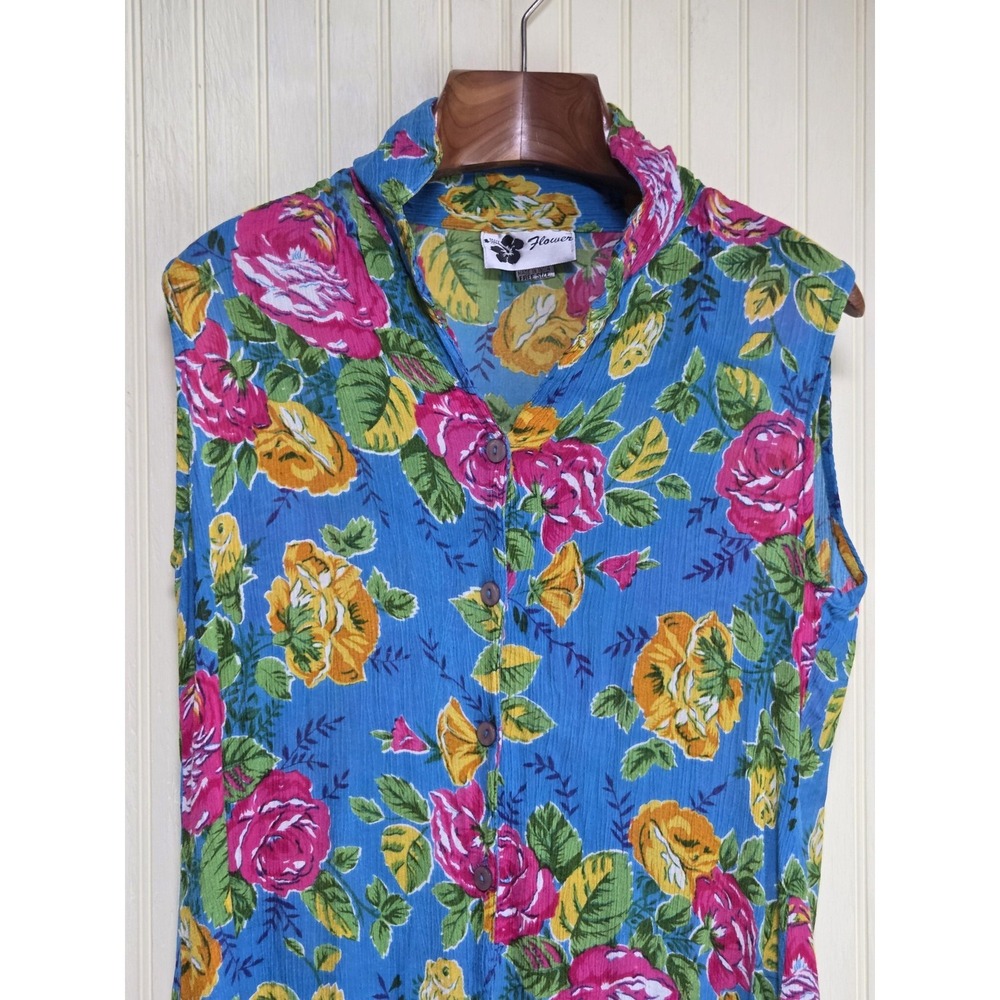 Flower Dress Womens One Size Blue Floral Sleeveless Button Shirt‎ Rayon Tunic